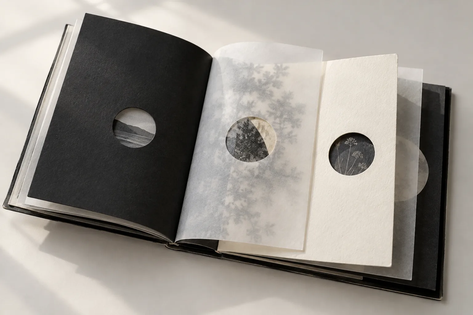 Livre d’images ouvert, composé de pages noires, translucides et claires percées de petites ouvertures.