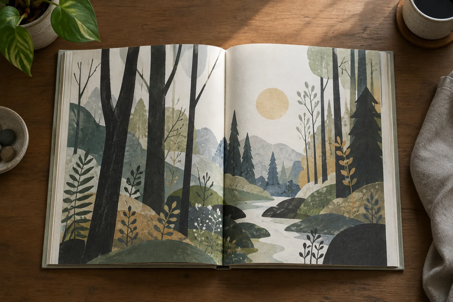 Livre illustré ouvert sur une double page représentant une forêt stylisée aux formes simples.