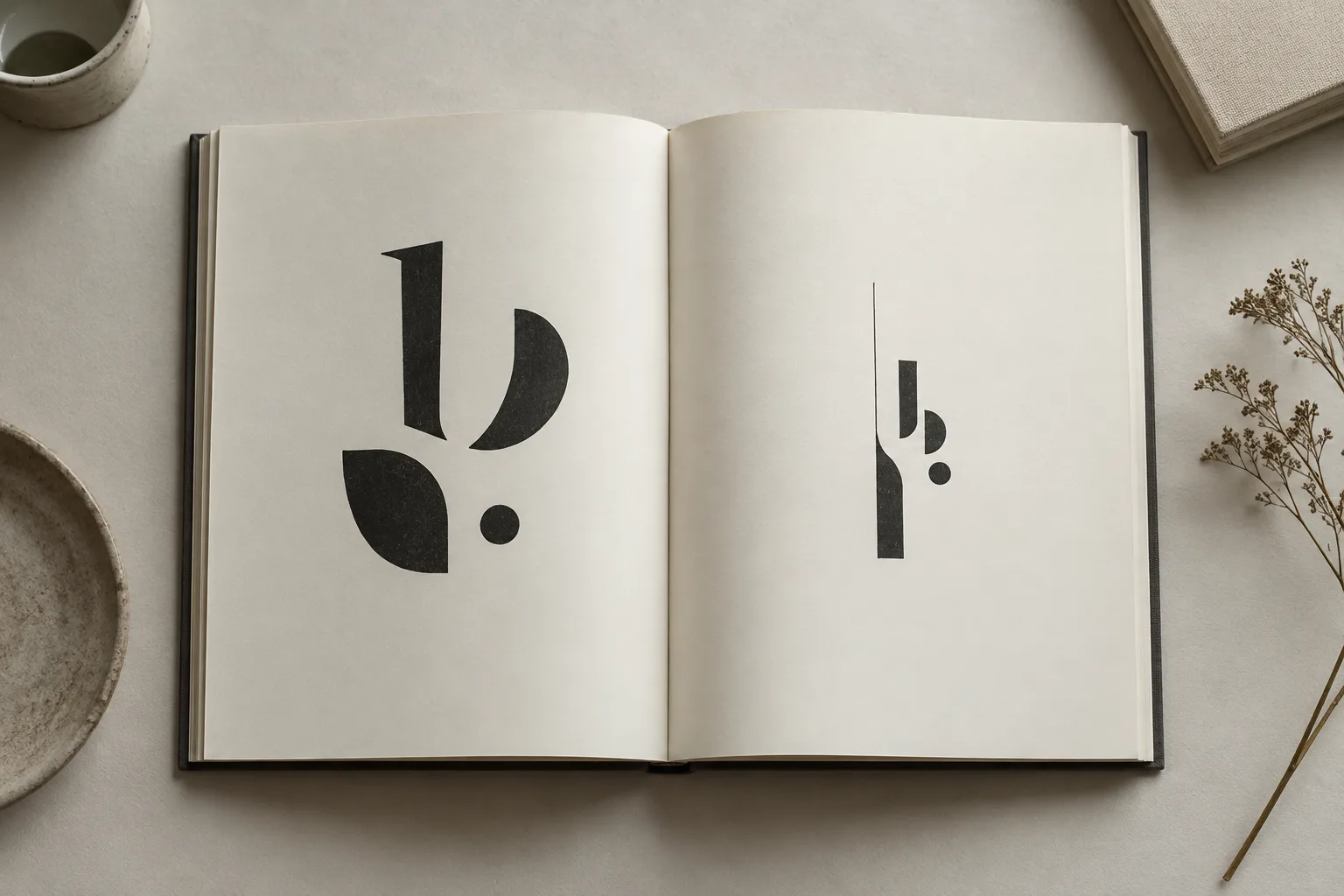 Livre d’art ouvert sur une page de titre épurée, composée de formes typographiques et de larges espaces blancs.