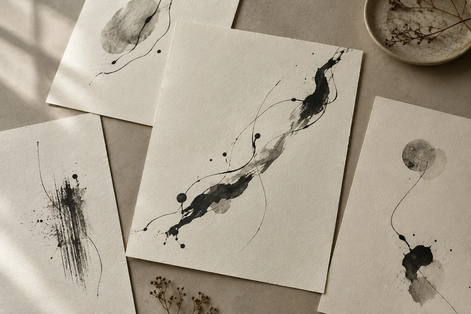 Feuilles crème couvertes de marques abstraites à l’encre noire, disposées en diagonale sur une table claire.