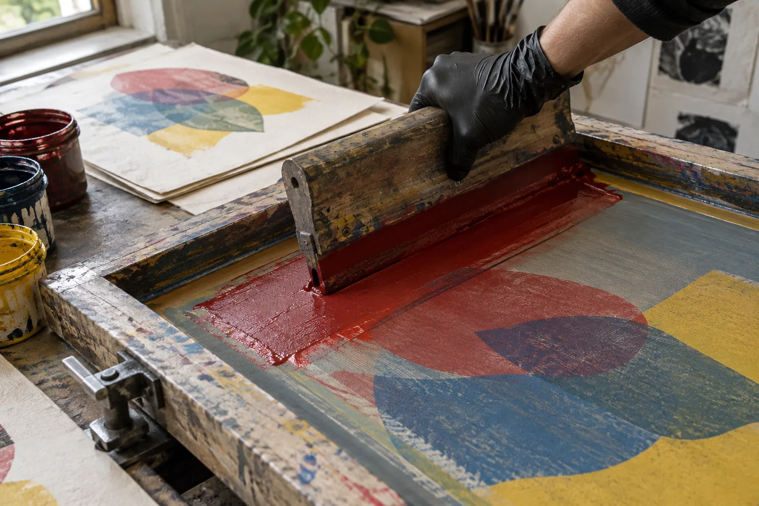 Une main passe une raclette sur un écran de sérigraphie au-dessus de feuilles imprimées en plusieurs couleurs.