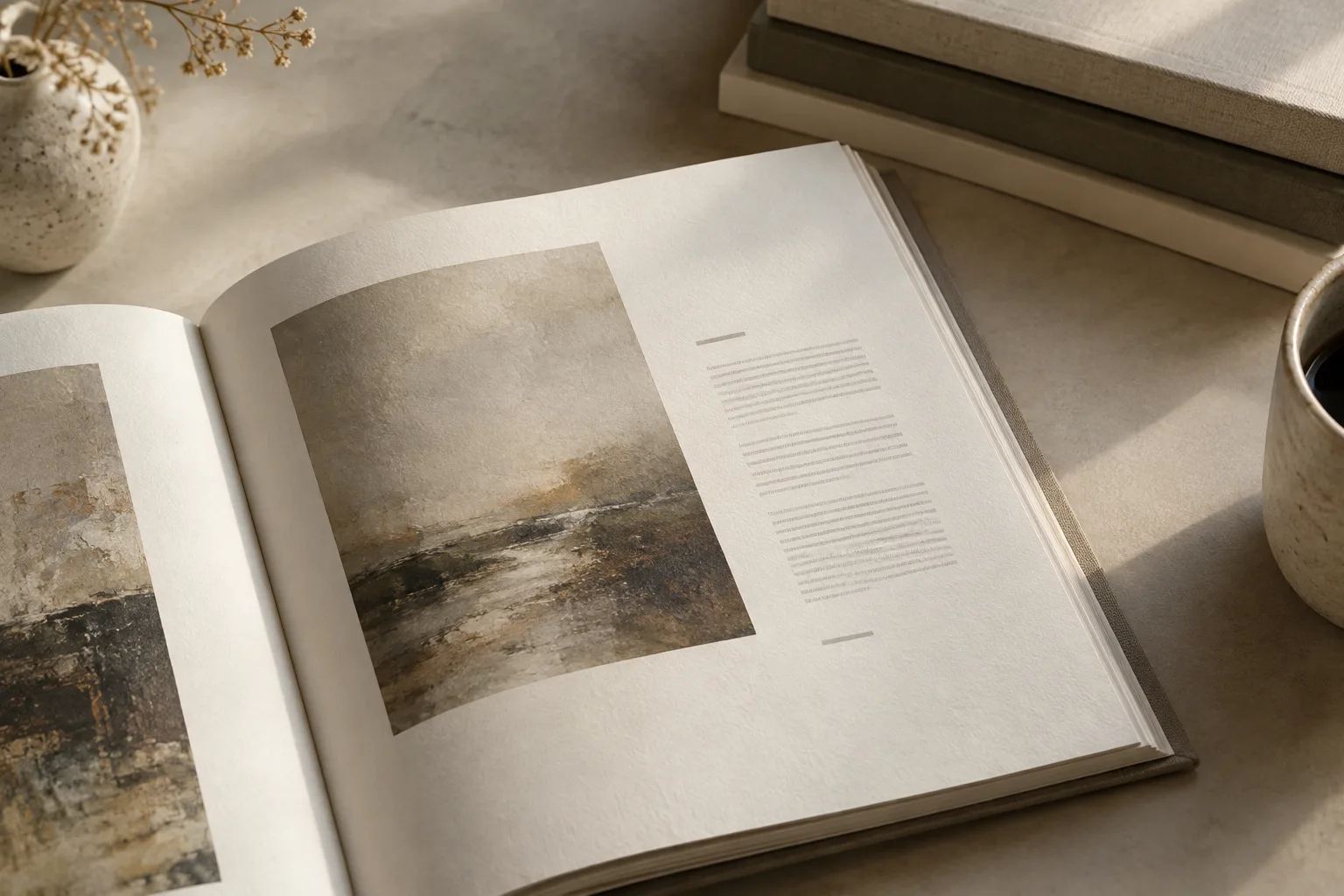 Livre d’art ouvert sur sa dernière page, posé sur une table près d’autres ouvrages.